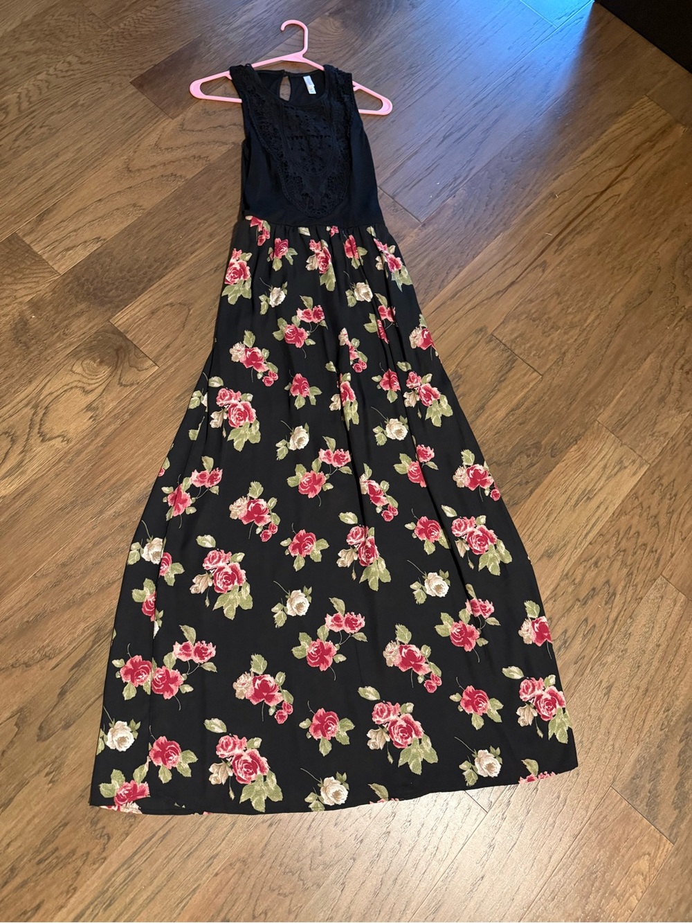 Black Floral Maxi Dress with Lace Bodice overlay
